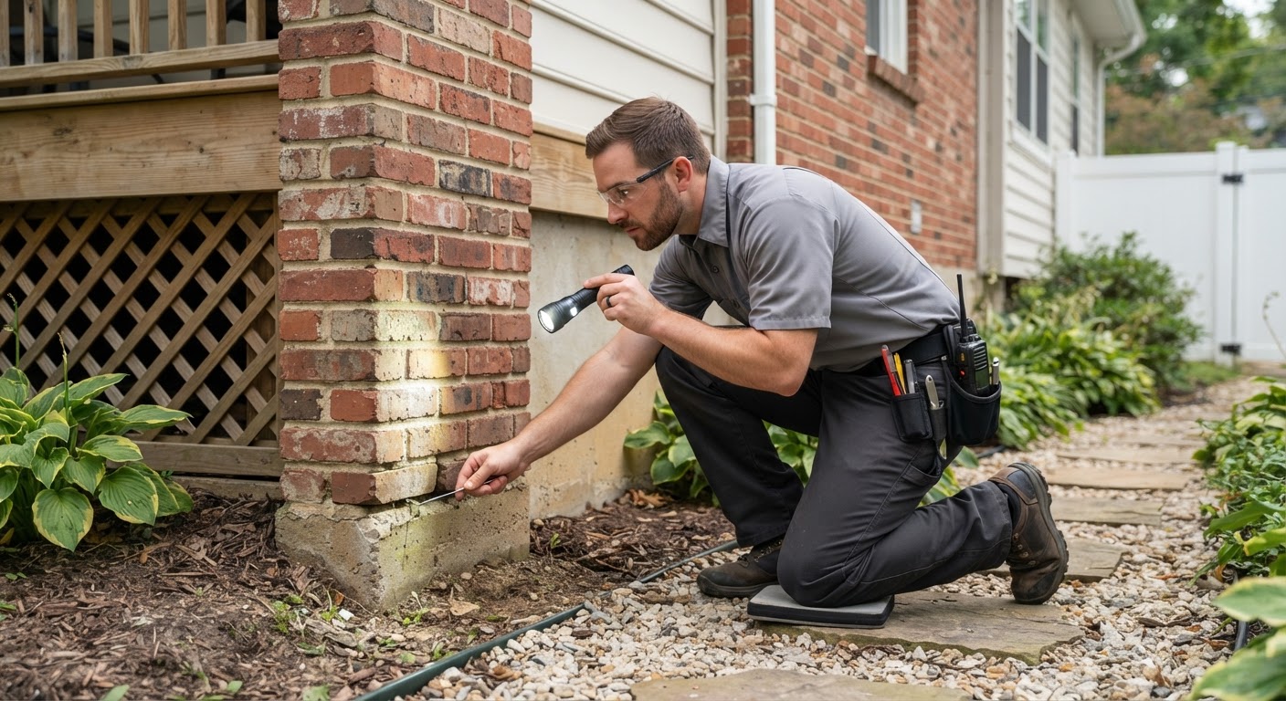Pest control technician inspecting home foundation for insect activity