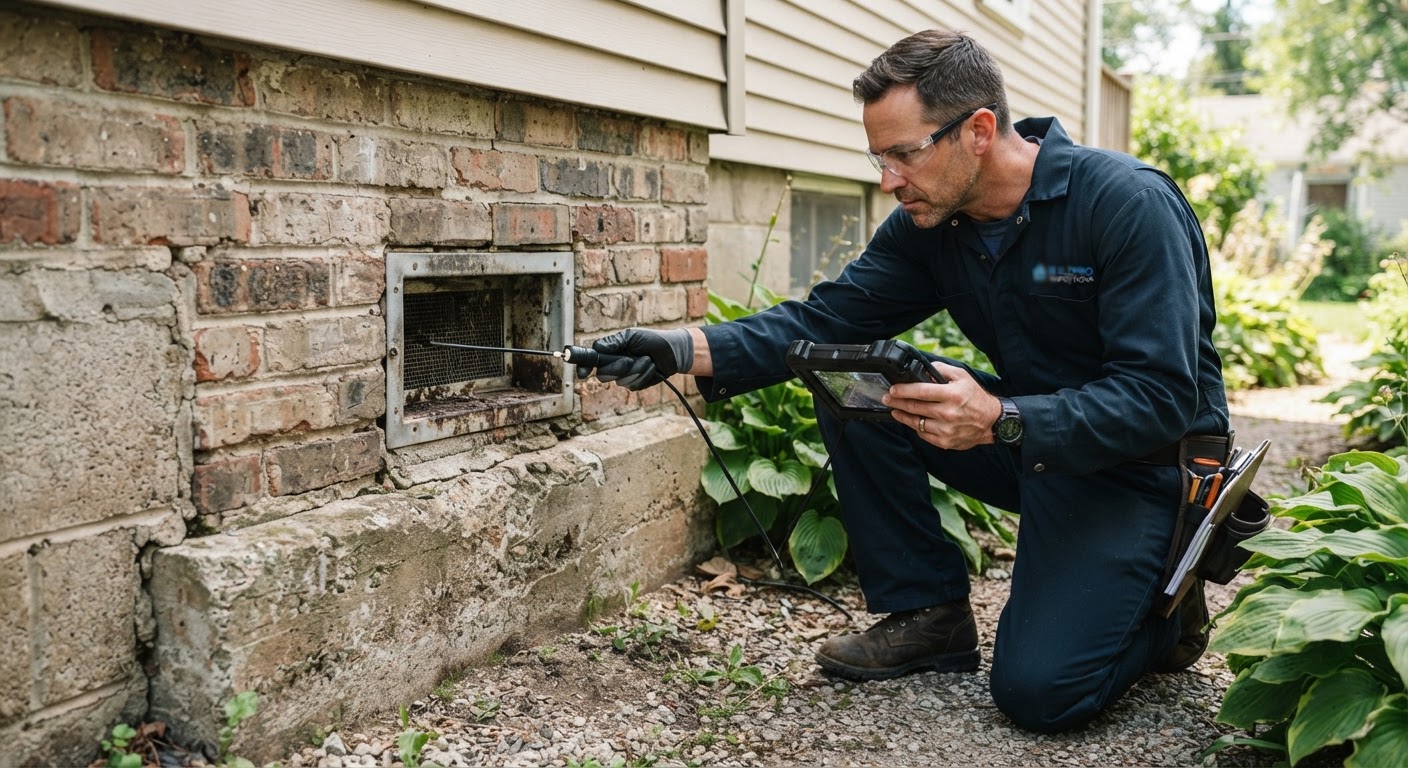 Pest control specialist examining crawlspace entry and foundation for termite mud tubes