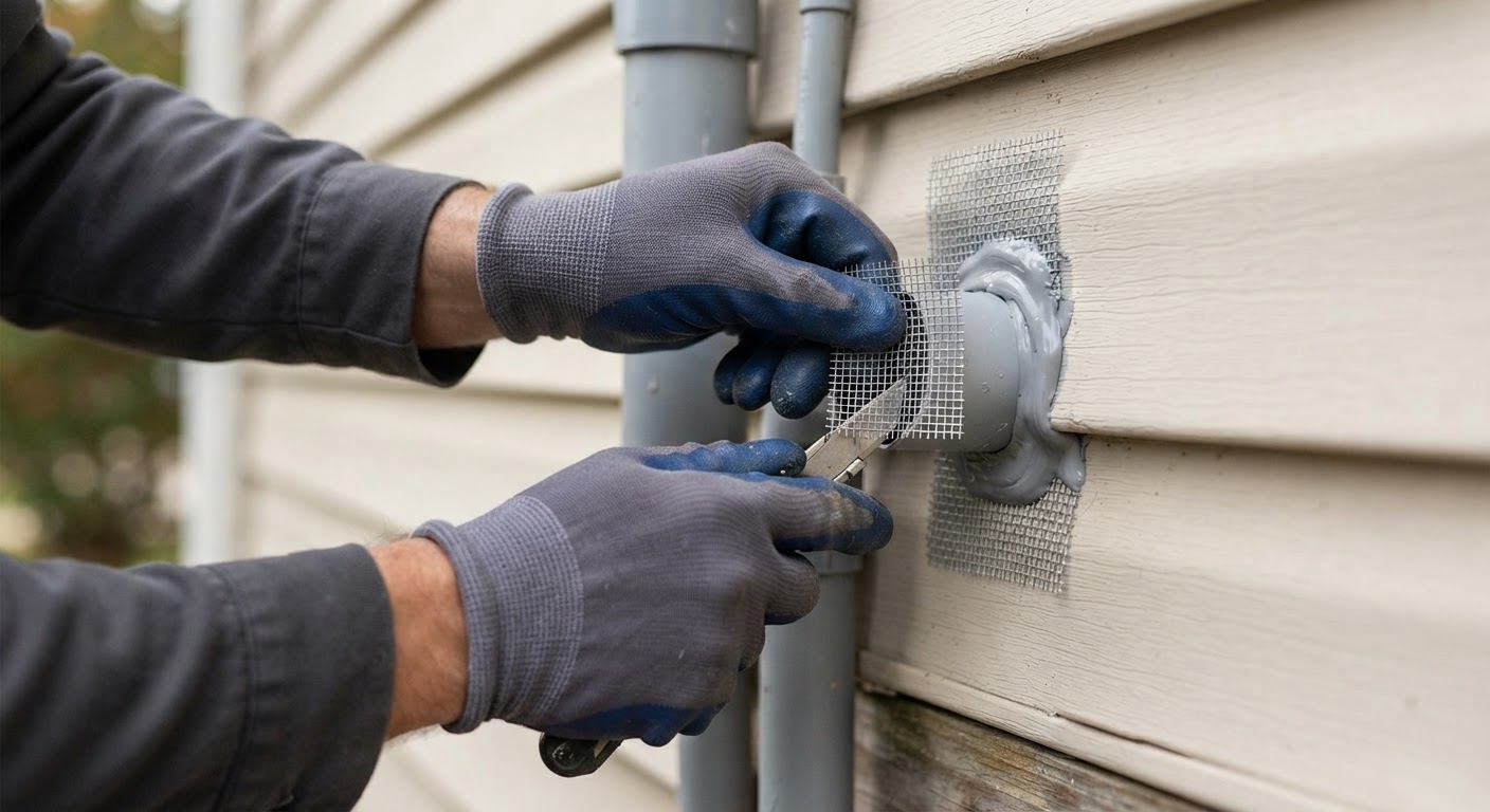 Technician sealing an exterior siding gap to prevent rodent intrusion