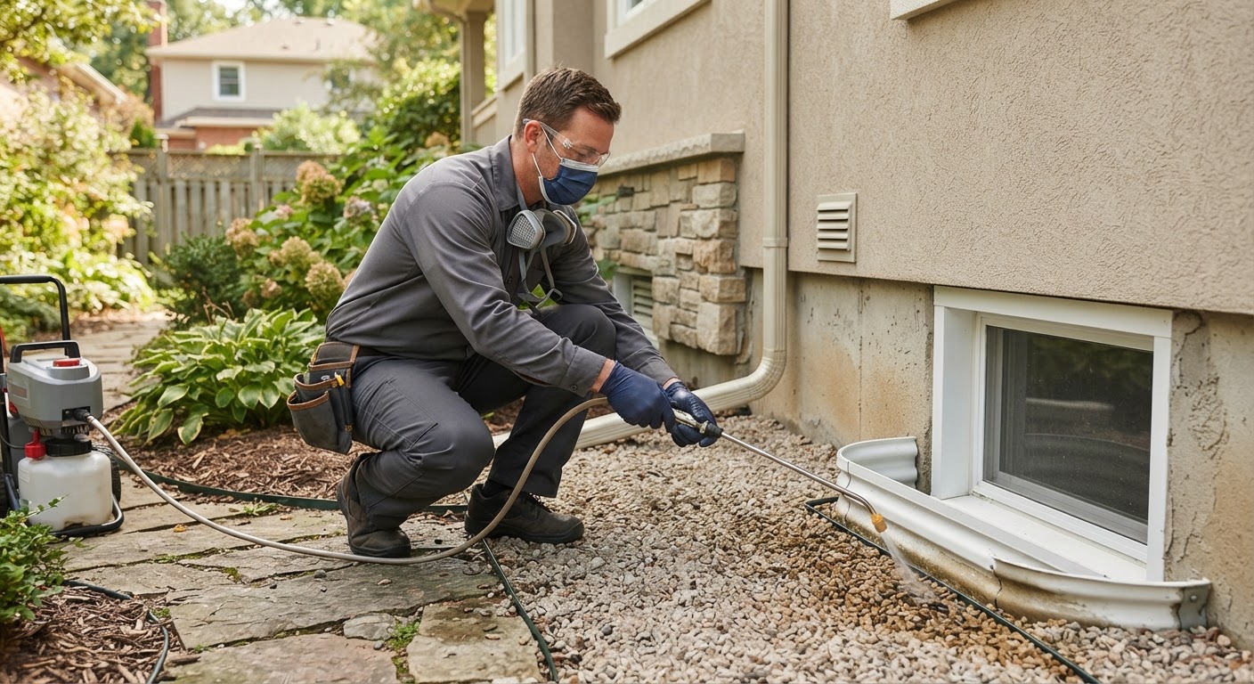 Exterior perimeter foundation spray treatment on a suburban home