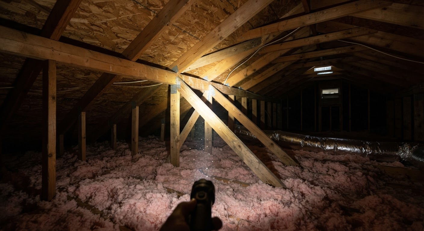 Attic inspection focused on structural wood beams and insulation