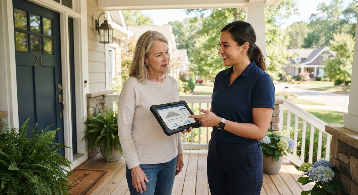 Technician explaining inspection notes on a digital tablet to a homeowner